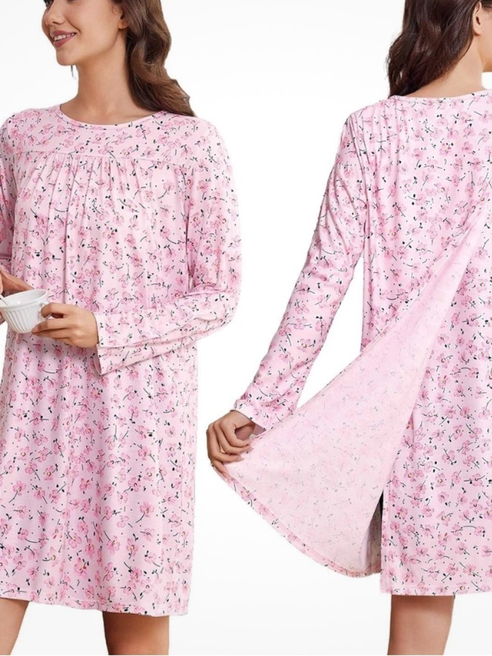 Deyeek Pink Floral Open-Back Long Sleeve Recovery Gown